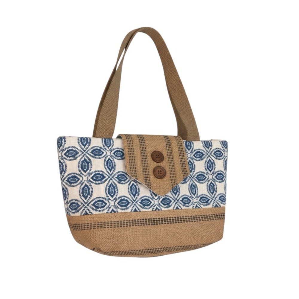 Beach and Resort Ready Blue and Tan Patterned Shoulder Bag. Perfect for Spring